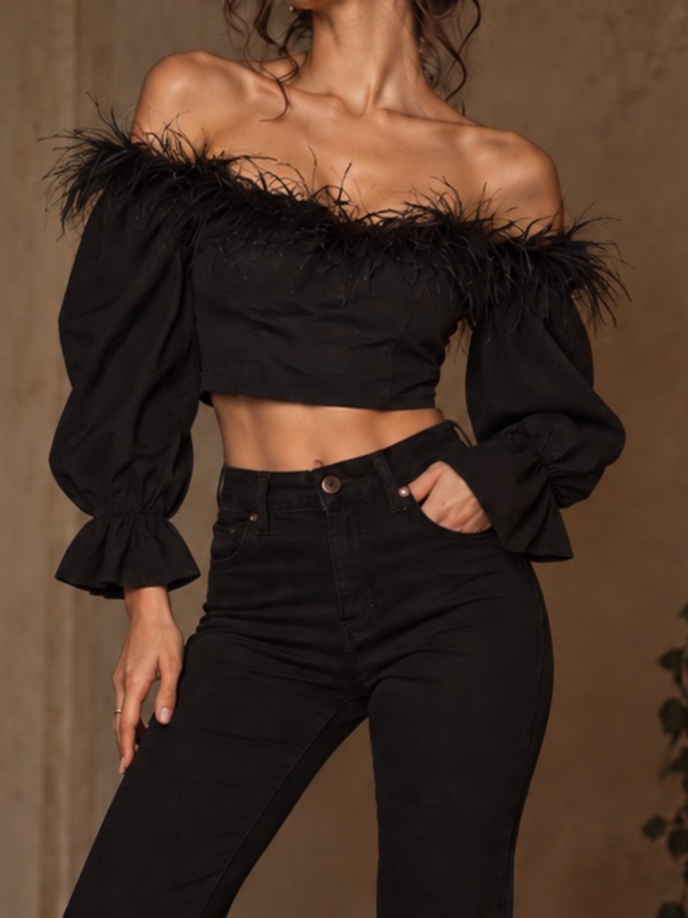 Free People Black Feather Trim Crop Top Romantic Goth Party Holiday L